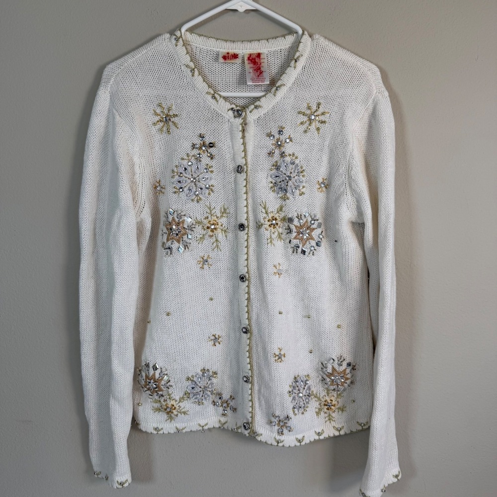 Winter White Snowflake Cardigan Medium Beaded Sequin Holiday Christmas Sweater